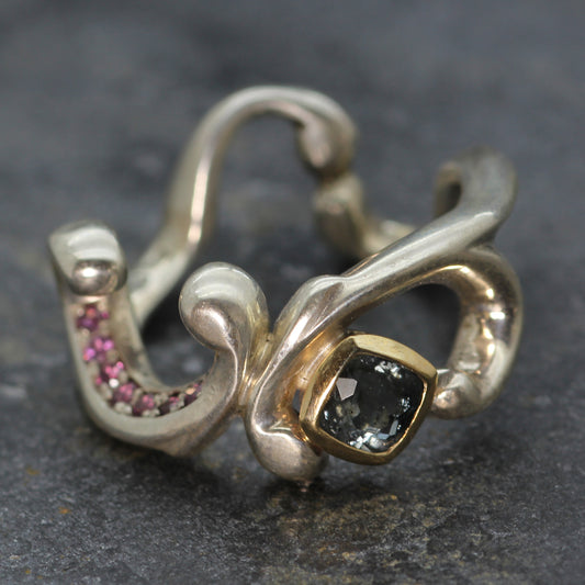 sterling silver and 9ct gold tourmaline and garnet ring