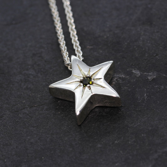 Green Star Set Sapphire Silver Star Pendant (M)