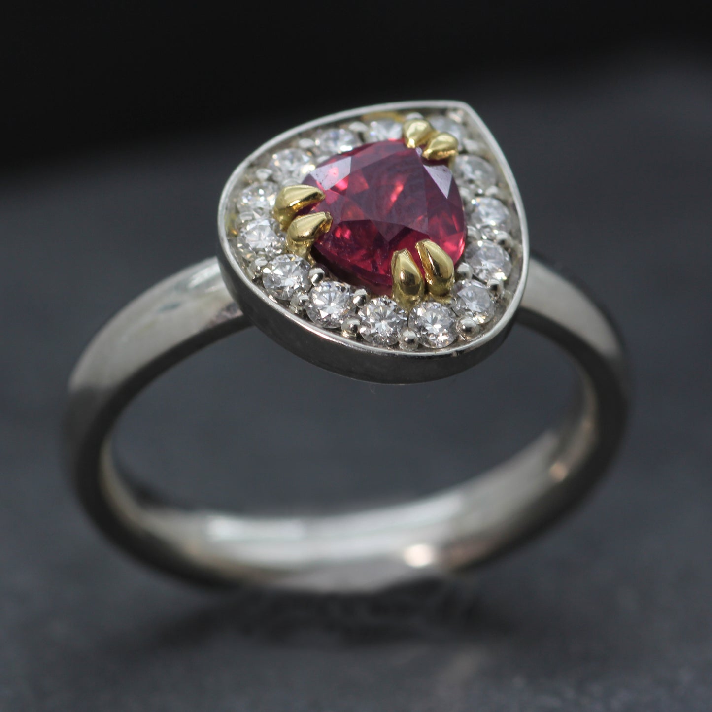 Platinum, Red Spinel and Diamond Halo ring