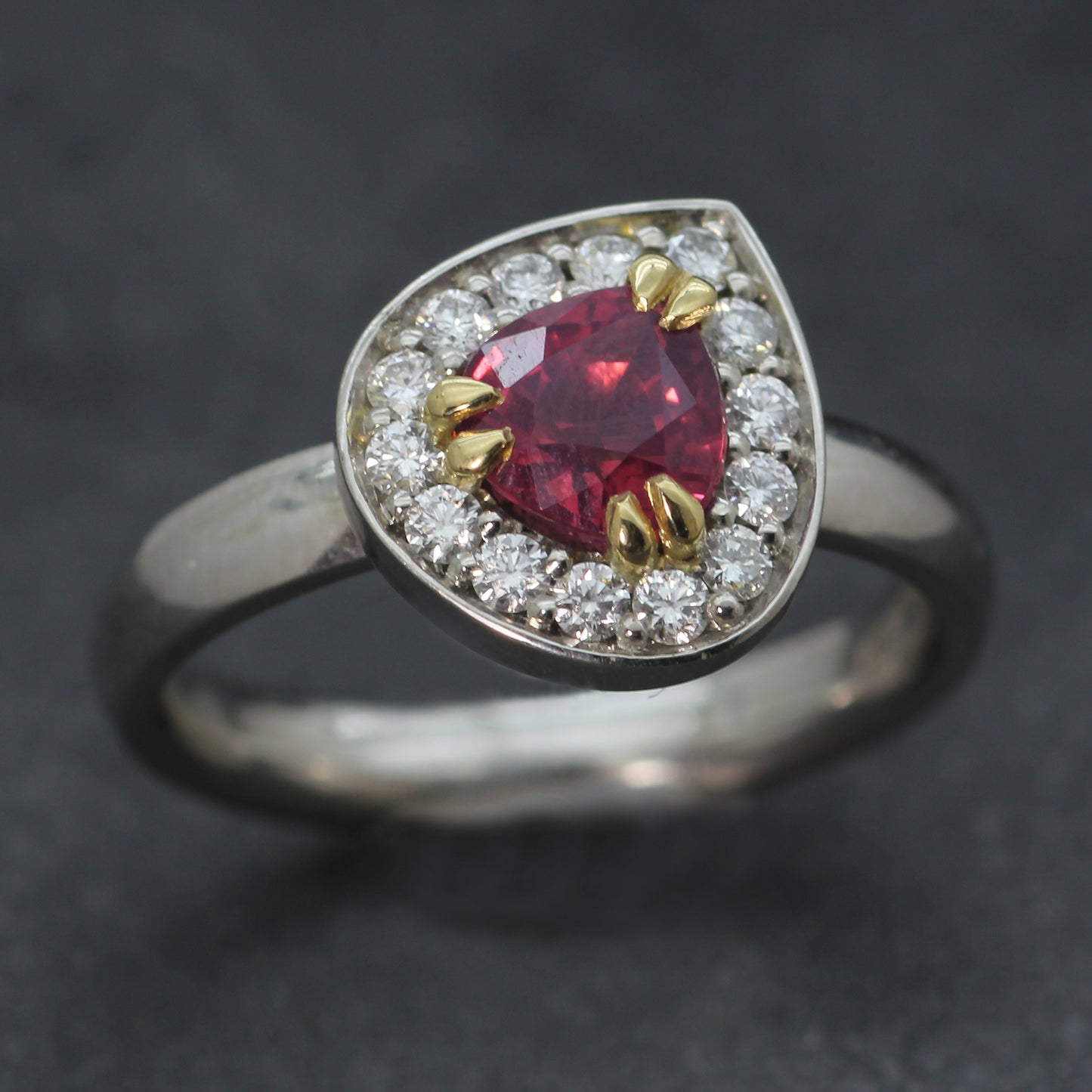 Platinum, Red Spinel and Diamond Halo ring