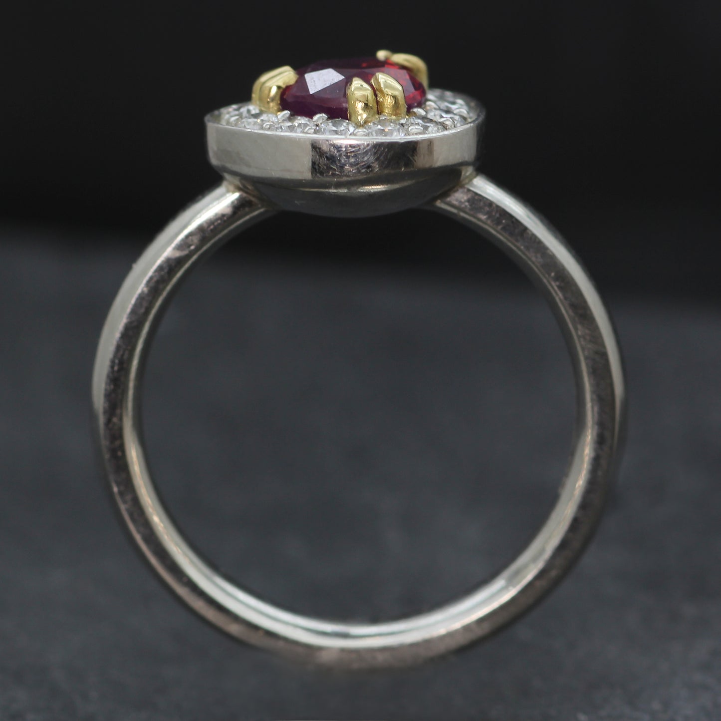 Platinum, Red Spinel and Diamond Halo ring