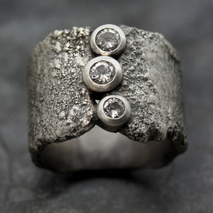 Magma Reticulated Diamond Platinum and Silver Ring