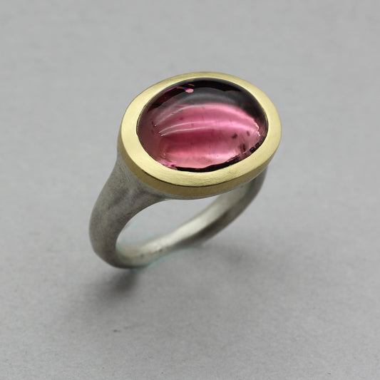 Silver and 18ct Gold Cabochon Pink Tourmaline Ring