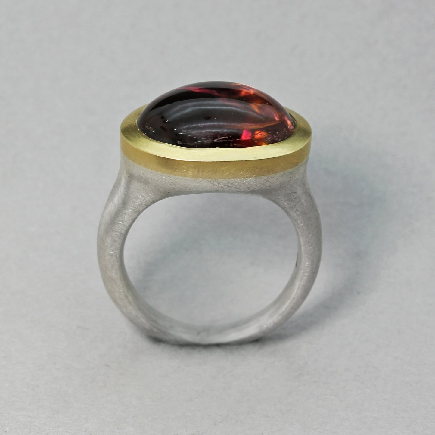 Silver and 18ct Gold Cabochon Pink Tourmaline Ring