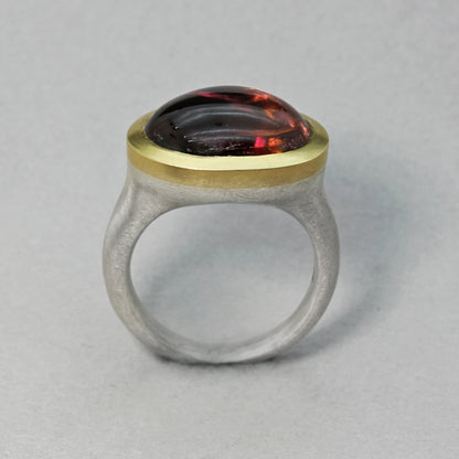 Silver and 18ct Gold Cabochon Pink Tourmaline Ring