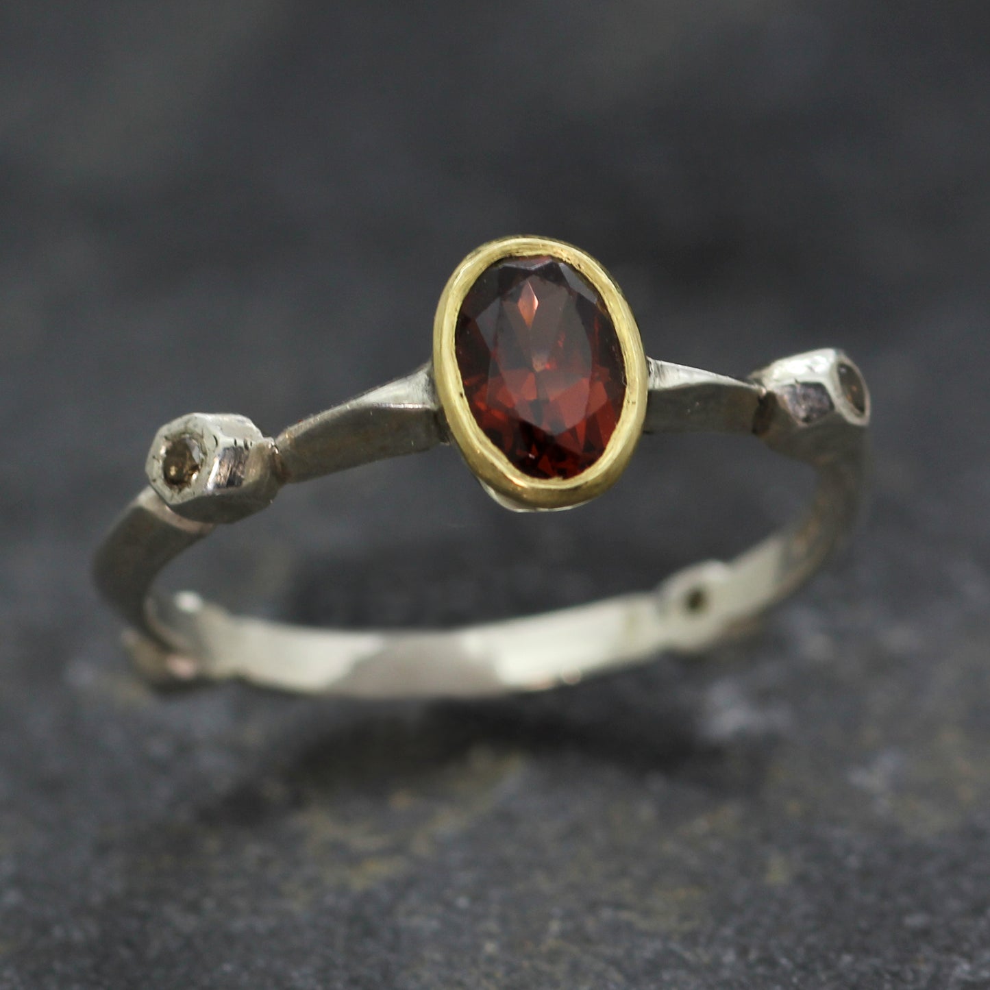 Silver Garnet, Gold and Diamond Ring