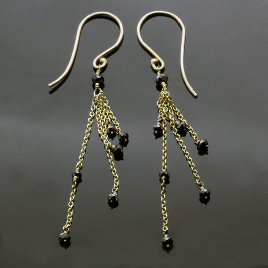 FACETED BLACK DIAMOND BEADS & 18CT YELLOW GOLD DANGLE EARRINGS