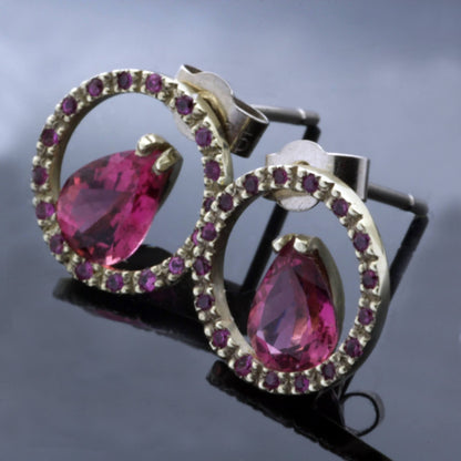 PEAR CUT PINK TOURMALINE & PINK SAPPHIRES SET IN 14CT WHITE GOLD STUD EARRINGS