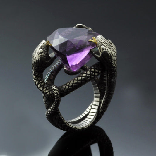 TRILLION AMETHYST SET IN 18CT YELLOW GOLD & STERLING SILVER TRIO SNAKE RING