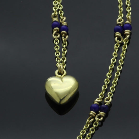 9CT YELLOW GOLD HEART & LAPIS LAZULI BEAD NECKLACE