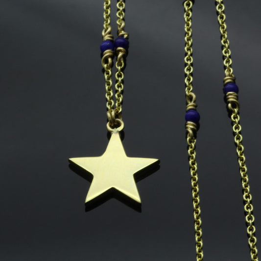 9CT YELLOW GOLD STAR & LAPIS BEAD NECKLACE