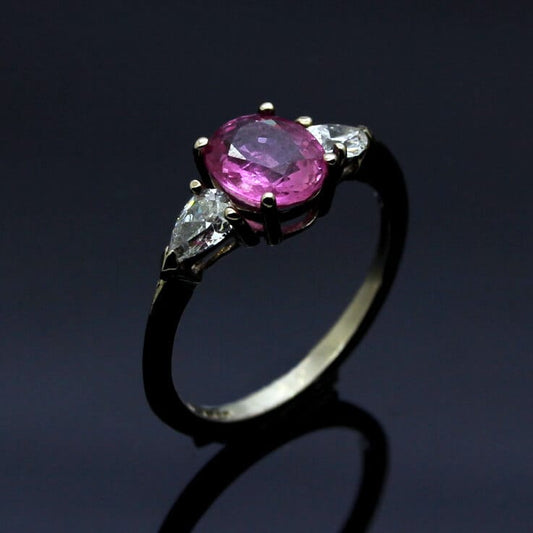 TRILOGY OF PINK SAPPHIRE & PEAR CUT DIAMONDS IN 18CT WHITE GOLD