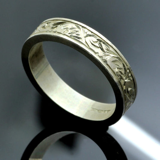 SCROLL PATTERN 4 MM STERLING SILVER HAND ENGRAVED FLAT RING