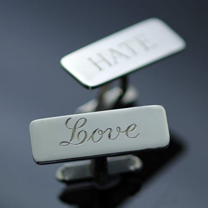 HAND ENGRAVED LOVE HATE STERLING SILVER CUFFLINKS