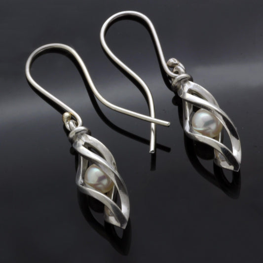 OCEAN CAGE AKOYA WHITE PEARL SET IN STERLING SILVER SCULPTED CAGE EARRINGS