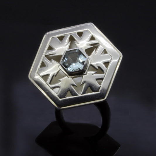 AQUAMARINE IN STERLING SILVER HAND PIERCED LARGE SNOWFLAKE RING