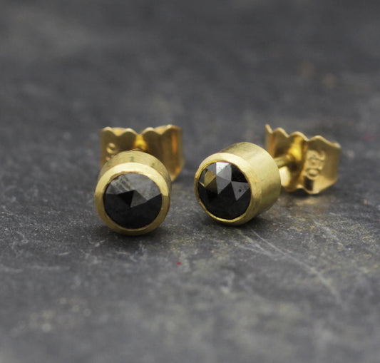 Rose Cut Black Diamond & Yellow Gold Ear Studs