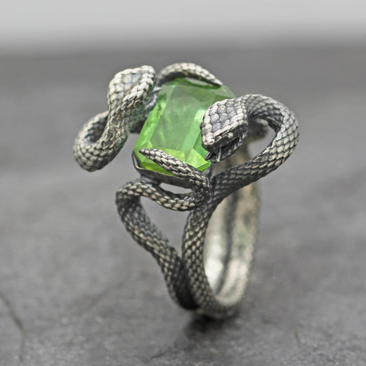 Sterling Silver Twin Snakes & Green Tourmaline Ring