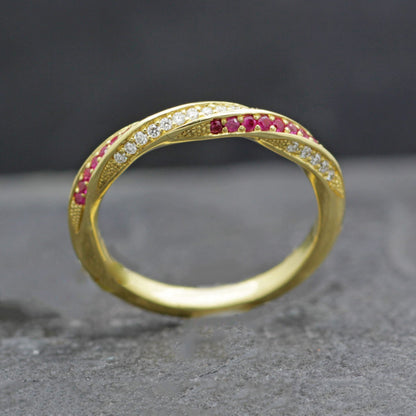 CANDY TWIST RUBY & DIAMONDS SET IN 18 YELLOW GOLD HALF ETERNITY RING