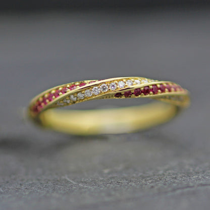 CANDY TWIST RUBY & DIAMONDS SET IN 18 YELLOW GOLD HALF ETERNITY RING