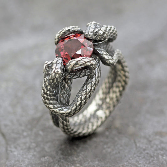 Sterling Silver Twin Snakes & Garnet Ring